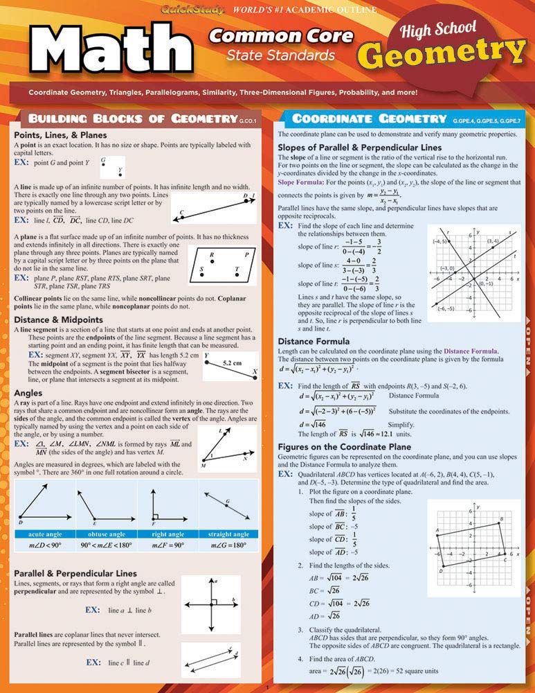 Math Common Core Geometry 10Th Grade QuickStudy Reference Guide (QuickStudy Academic)