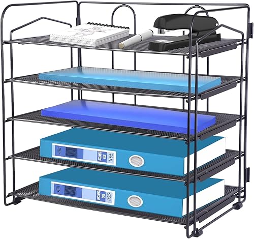 Bandeja organizadora de papel de 5 niveles, carta de archivo de escritorio de malla para el hogar, aula, organización de oficina, color negro