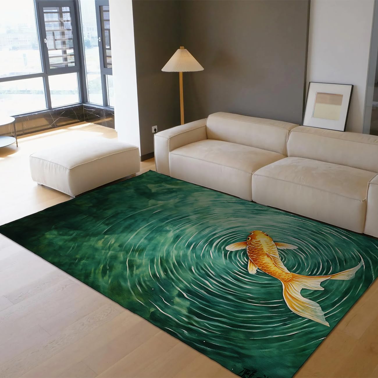 Tapis antidérapant fin lavable pour salon avec motif vagues turquoise