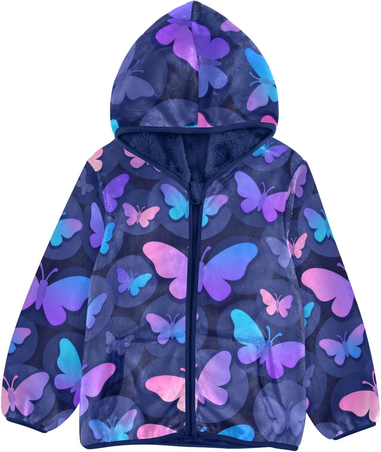 Cartoon Purple Butterfly Lightweight Zip Sweatshirt Children Coat Navy Blue Baby Boys Clothes Winter
