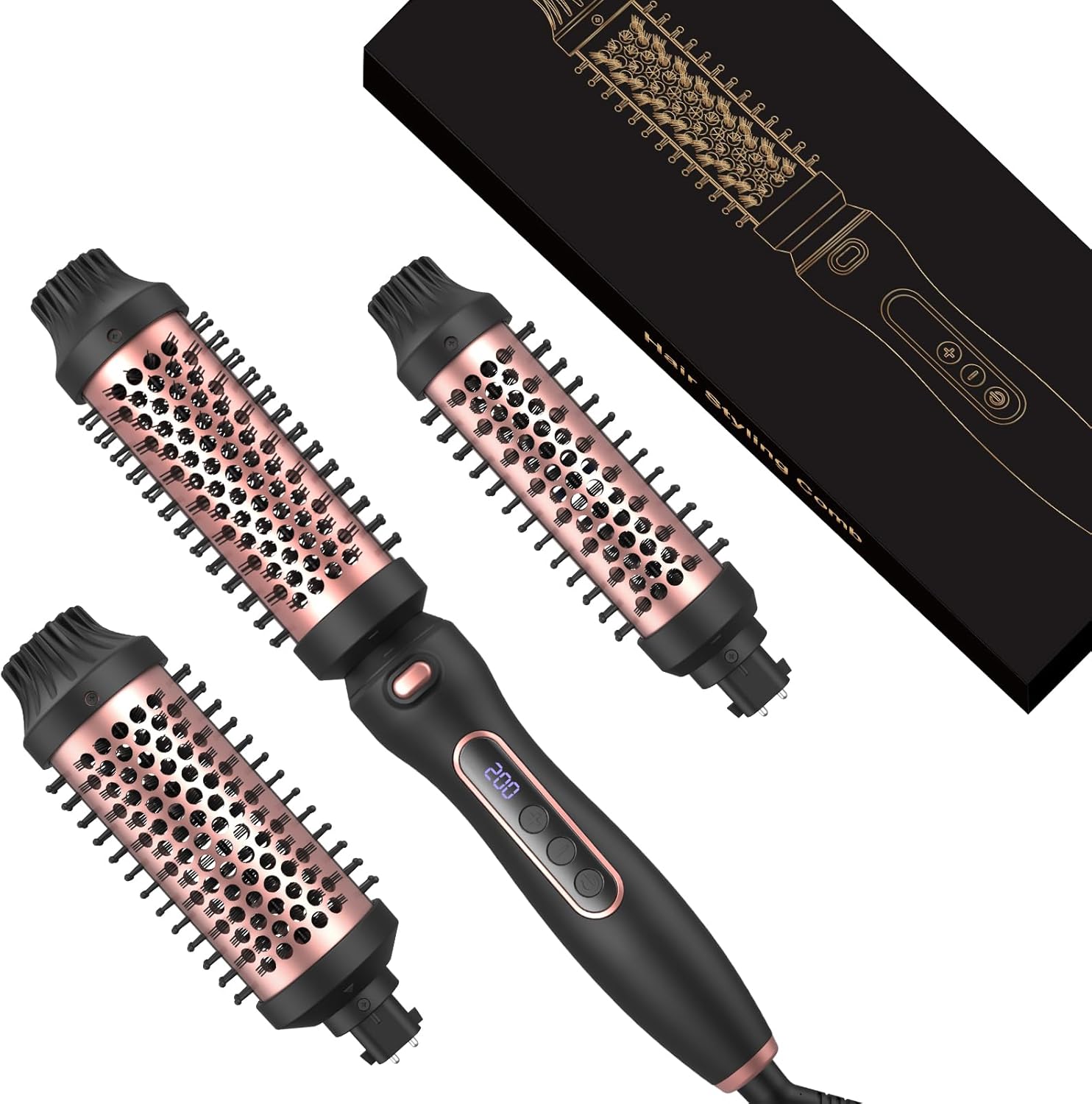 Thermal Brush Set 3-in-1 Curling Iron Brush Set, Dual Voltage 110-220V Thermal Hair Brush with 11 Temp Settings, 3 Interchangeable Travel Curling Irons (1.25“, 1.5”, & 1.75" Barrels) (Pink)