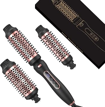 Thermal Brush Set 3-in-1 Curling Iron Brush Set, Dual Voltage 110-220V Thermal Hair Brush with 11 Temp Settings, 3 Interchangeable Travel Curling Irons 1.25, 1.5, 1.75" Barrels Pink