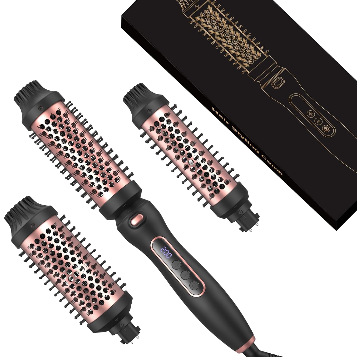 Thermal Brush Set 3-in-1 Curling Iron Brush Set Dual Voltage 110-220V Thermal Hair Brush with 11 Temp Settings