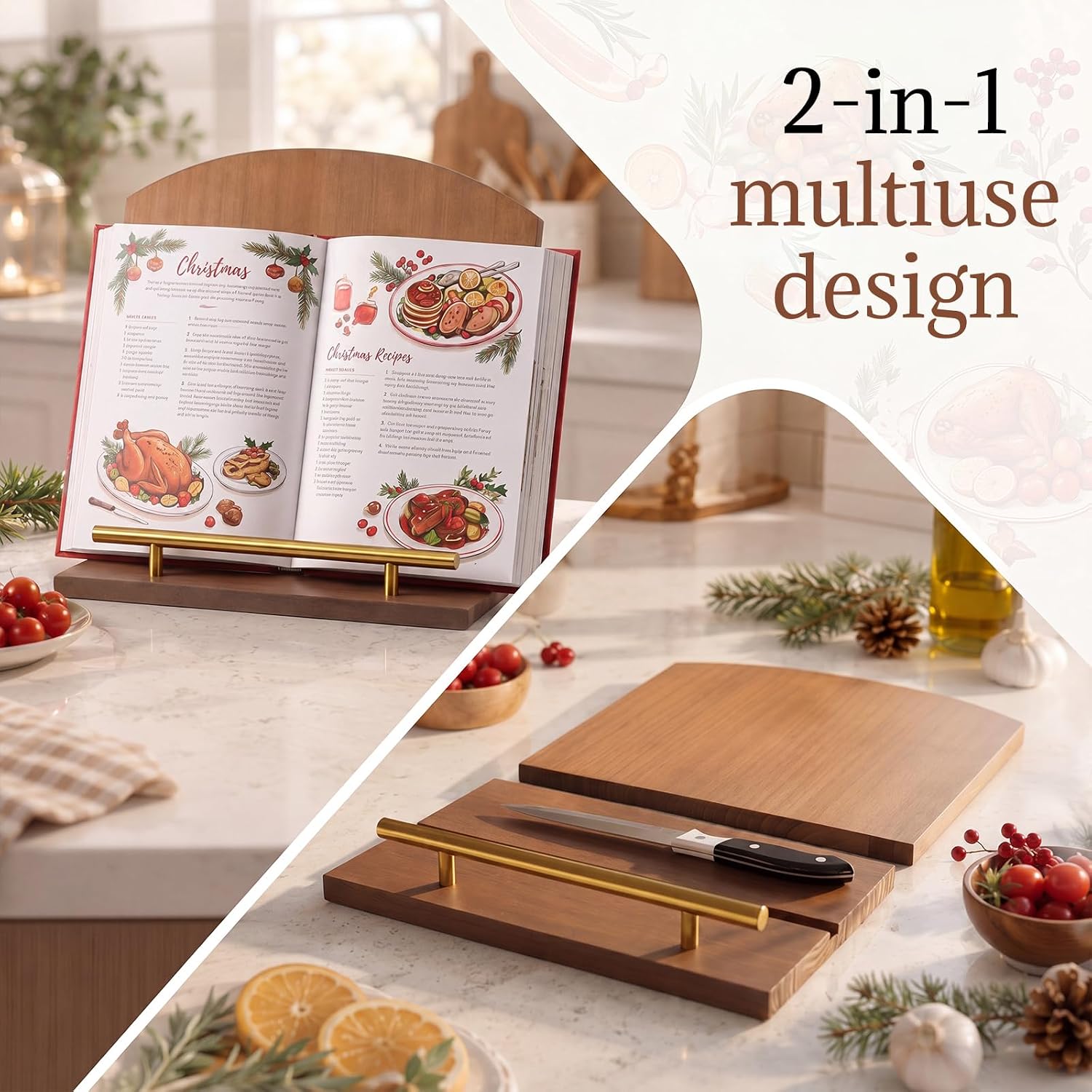 Wenqik Pine Wood Cookbook Stand for Kitchen Counter 2 in 1 Recipe Book Holder 11 x 10 Inch Cookbook Holder Kitchen Serving Tray Decoration for Wedding Mother Grandma Women Gift
