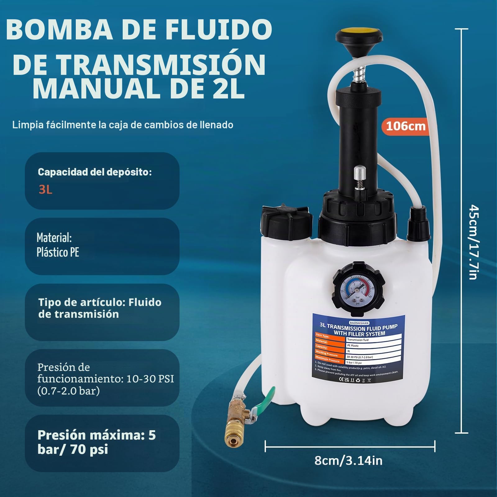 BAOSHISHAN Bomba de Llenado de Aceite 3L Bomba de Transferencia de Aceite de Caja de Cambios Sistema de Llenado Manual Bomba de Líquido de Transmisión con 8pcs Adaptadores de Llenado