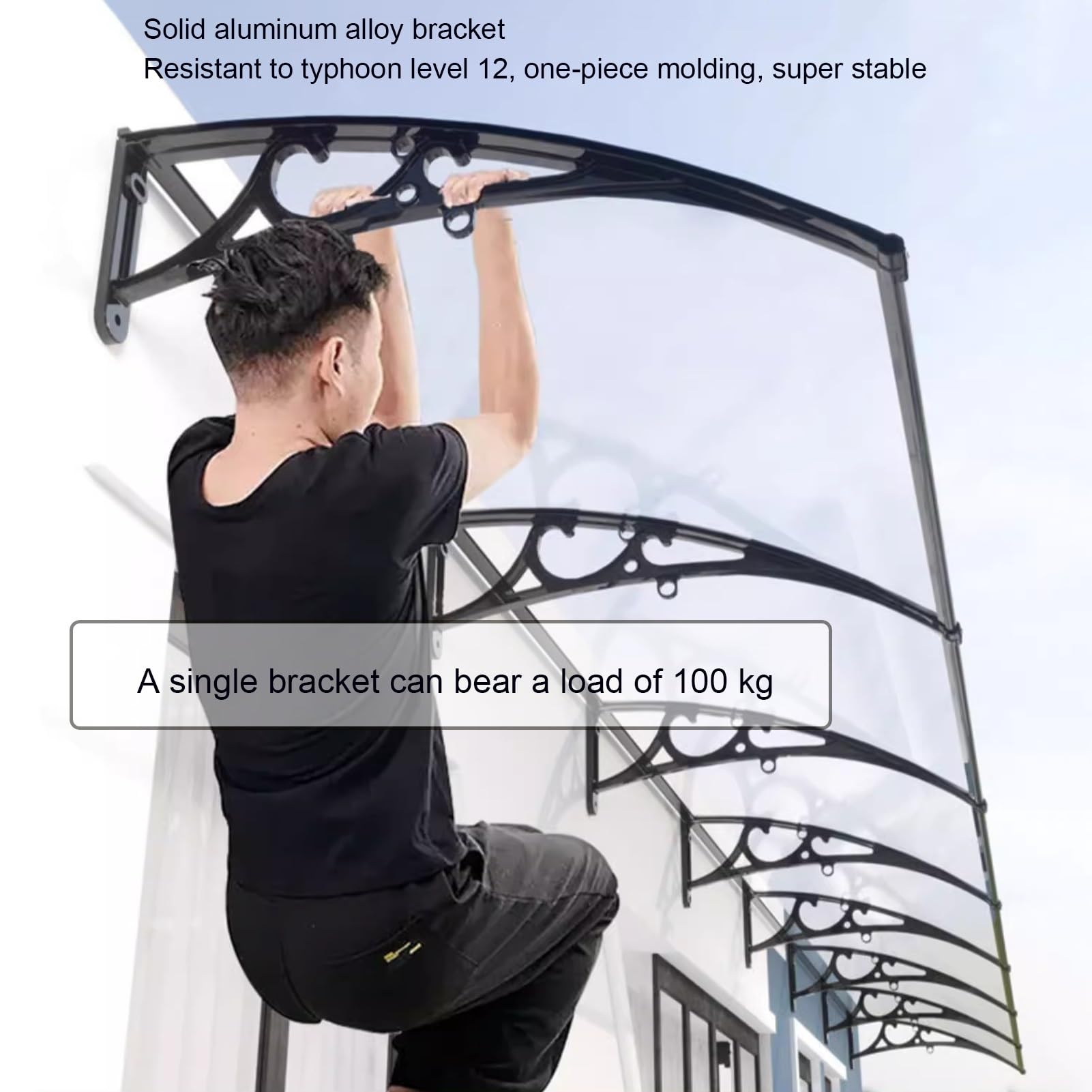 Tende da sole personalizzate in policarbonato, protezione da pioggia e sole, per porte d'ingresso e patio, staffa in alluminio curva, copertura antipioggia per balcone (120 x 170 cm)