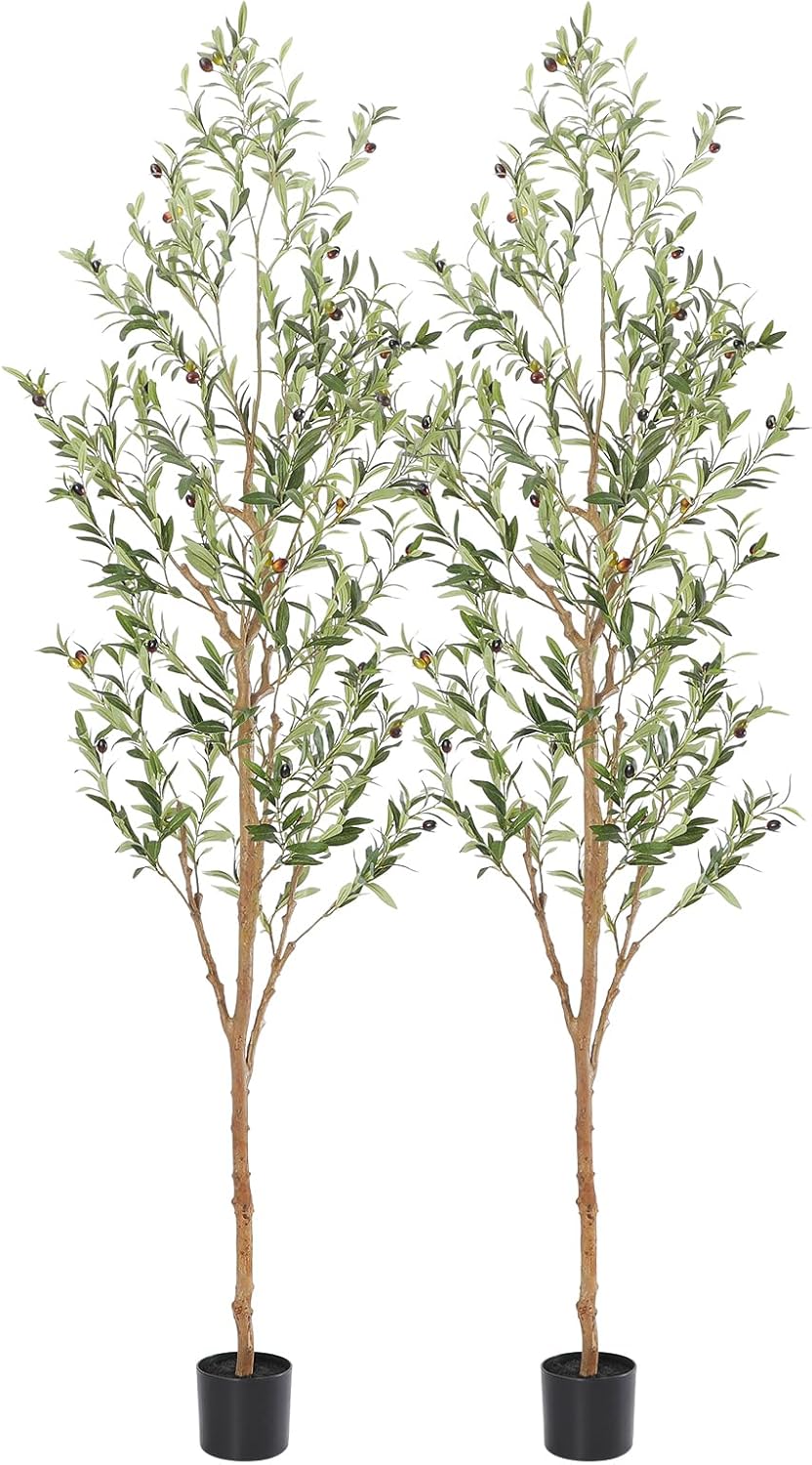Faux Olive Tree 7ft?Olive Trees Artificial Indoor with Natural Wood Trunk and Realistic Leaves and Fruits. 7 Feet(84in) Fake Olive Tree for Home House Office Décor. 2 Pack.