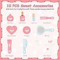 Vista 2 de HONEY JOY Vanity - Juego de mesa y silla de maquillaje de madera para niños, 10 piezas de accesorios de vestidor, espejo de princesa de tres