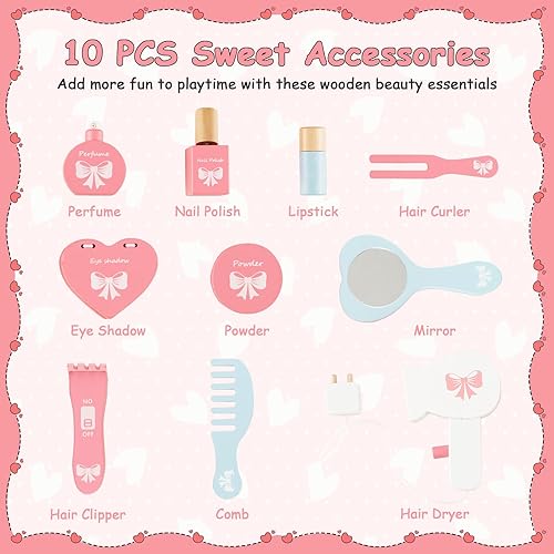 Miniatura 2 de HONEY JOY Vanity - Juego de mesa y silla de maquillaje de madera para niños, 10 piezas de accesorios de vestidor, espejo de princesa de tres