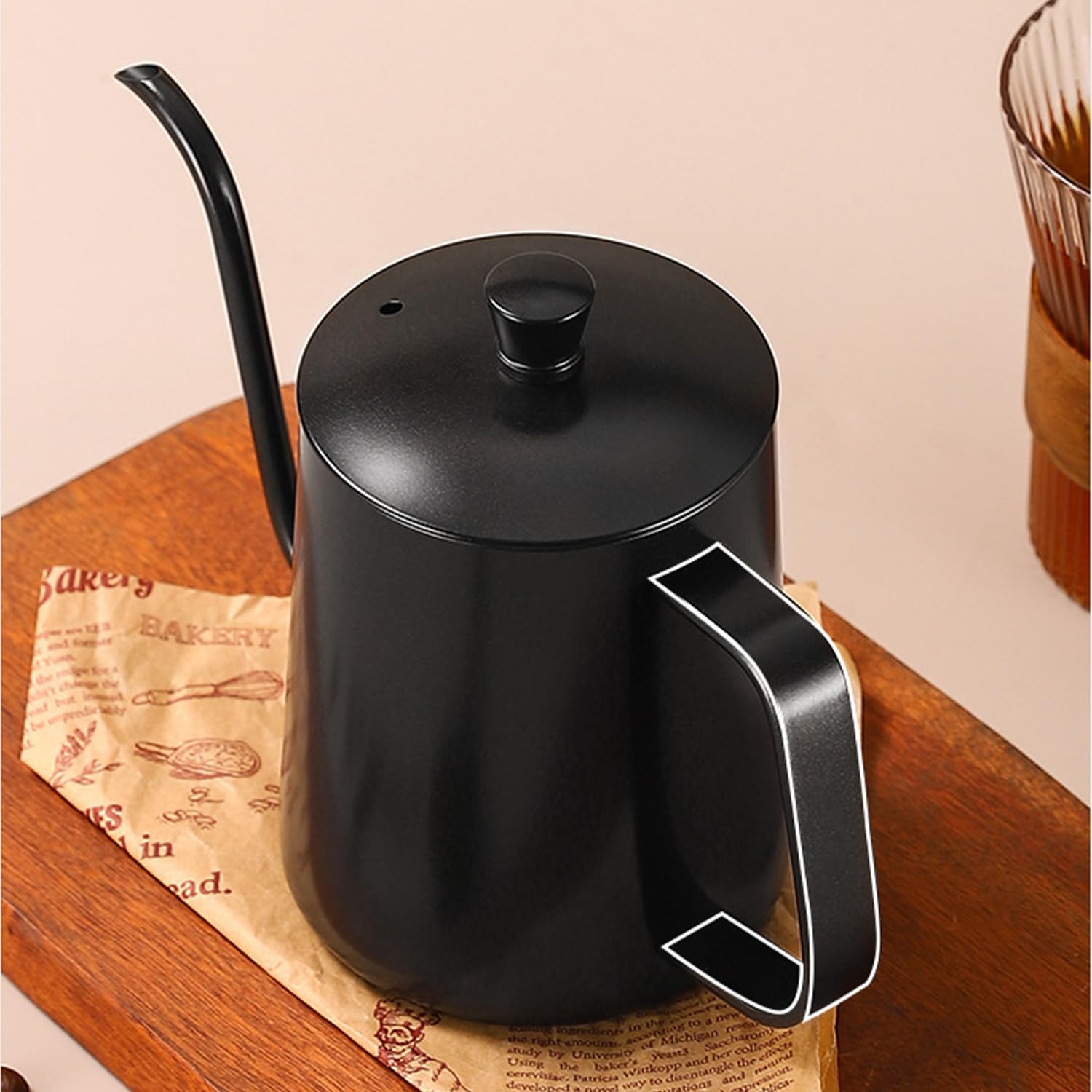 Bollitore da caffè a collo d'oca da 600 ml, in acciaio inox, con beccuccio lungo e stretto, bollitore antigoccia (nero)