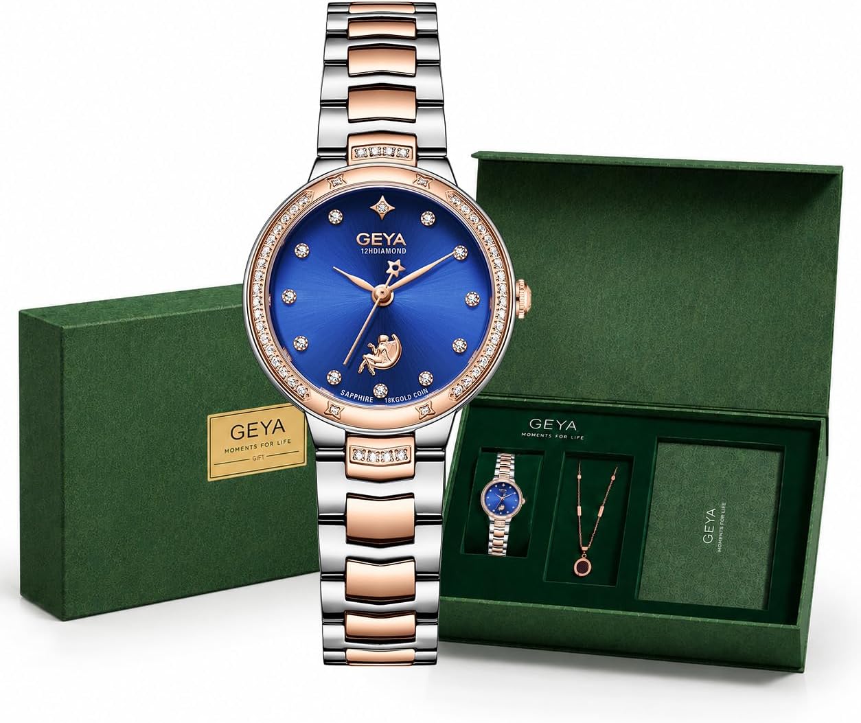 GeYa Rose Gold Watches for Women Genuine Diamond 18K Gold Elegant Ladies Watch Small Wrist Luxury Jewelry Gifts Set 316L Stainless Steel Bracelet Water Resistant Goddess