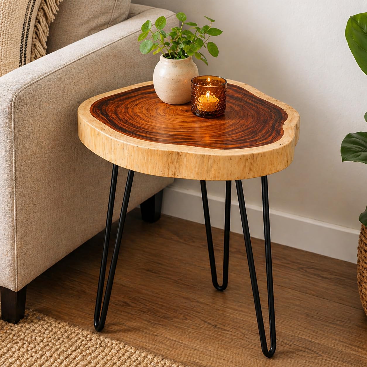Antique Wooden End Table for Living Room | Live Edge Solid Wood Bedside Table | Foldable Night Stand for Bedroom | Rustic Coffee Table with Metal Hairpin Legs (16''-17'' Top x 18' Height)-image-46