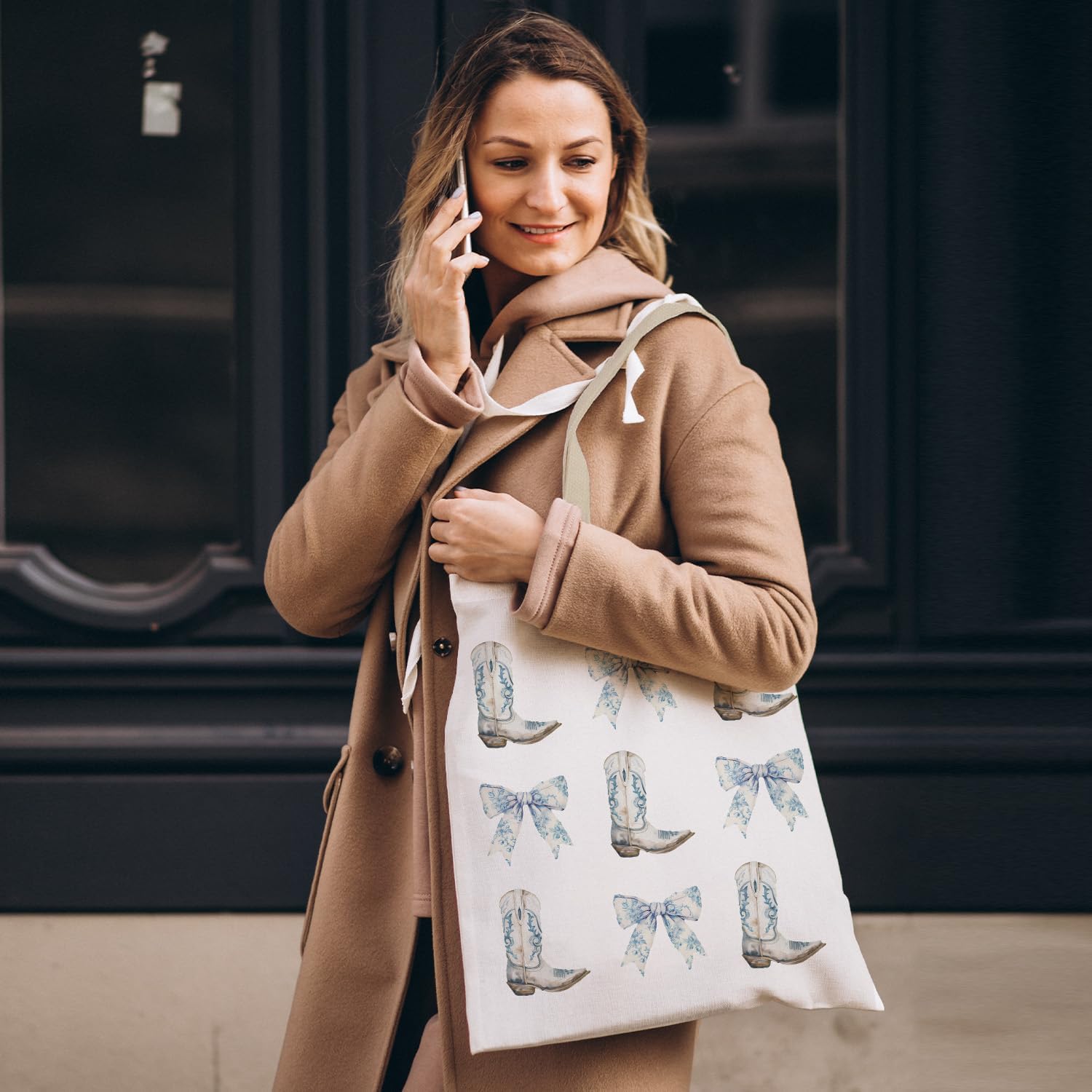 Coquette Blue Bow Western Tote Bag, Retro Blue Coastal Cowgirl Boots Canvas Tote Bags, Western Cowgirl Stuff Gifts for Women, Preppy Cowboy Reusable Grocery Shopping Bag - Image 4