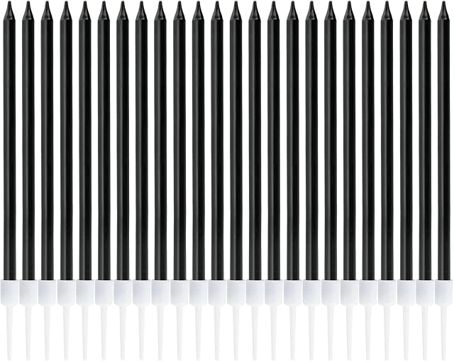 PARTY GO 24-Count Black Long Thin Metallic Birthday Candles, Cake Candles, Birthday Parties, Wedding Decorations, Party Candles