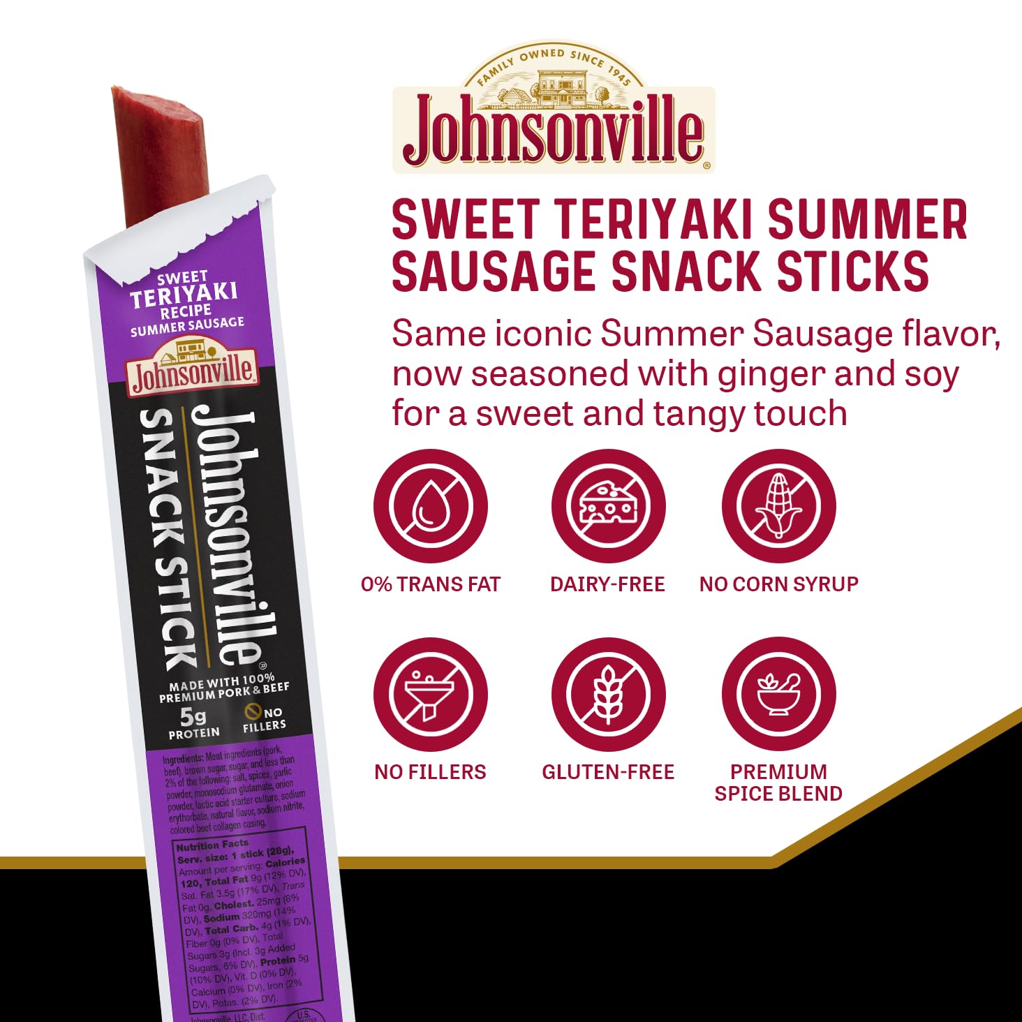 Johnsonville Summer Sausage Snack Sticks - Dairy Free, Gluten Free Protein Snacks, Jerky Snack Packs - Sweet Teriyaki, 1 oz., 24-Pack