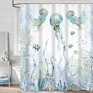 Nautical Sea Jellyfish Shower Curtain Teal Blue Coastal Beach Bathroom Curtain Summer Coral Fish Ocean Life Bathroom Decor Waterproof Fabric Washable Bathtub Curtains Set with Hooks 72x72 inch