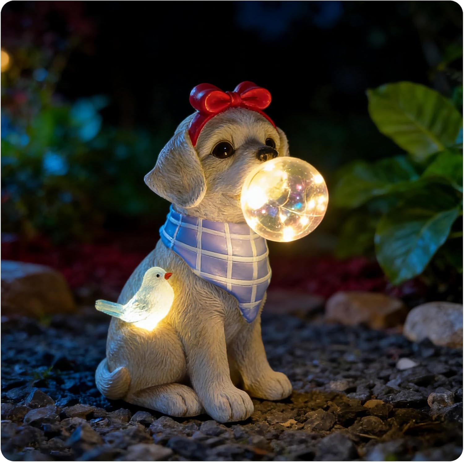Solar Garden Dog Statue, Detachable Outdoor Decorative Stake, Light Brown Resin Labrador with LED Bubble & Bird, Christmas Decorations, Waterproof Yard Decor for Patio, Lawn, Birthday