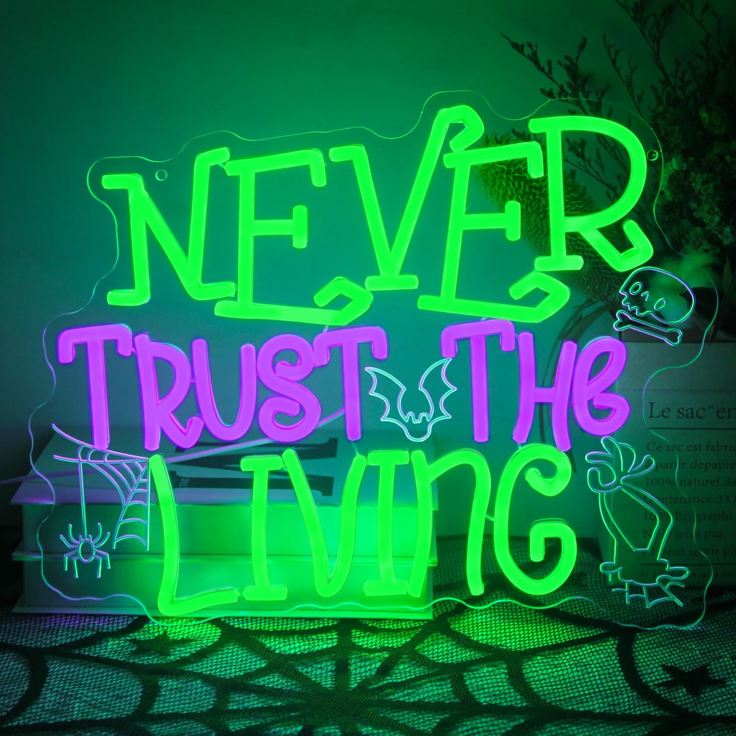 Never Trust The Living Neon Sign Halloween Neon Light Horror Skull LED Sign for Wall Dimmable Spider Web Bat LED Lights Signs for Bar Haunted Mansion Chamber of Secrets Spooky House Decor