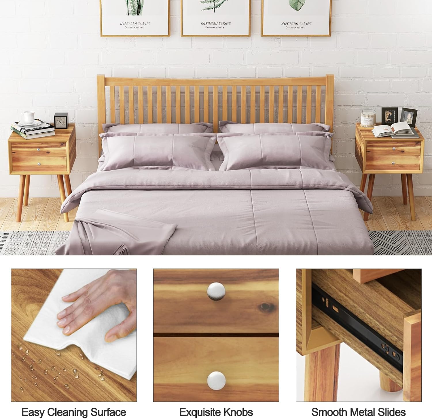 KOMFOTT 2-Drawer Nightstand Set of 2, Mid-Century Modern Bed Side Table with Storage, Multipurpose End Table Side Table with Rubber Wood Legs for Bedroom Living Room, Easy Assembly