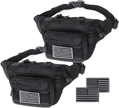 Tactical Fanny Pack, Military Waist Bag Hip Belt Bumbag Utility Bags for Outdoor Hiking Climbing Fishing with U.S Patch Black+Black