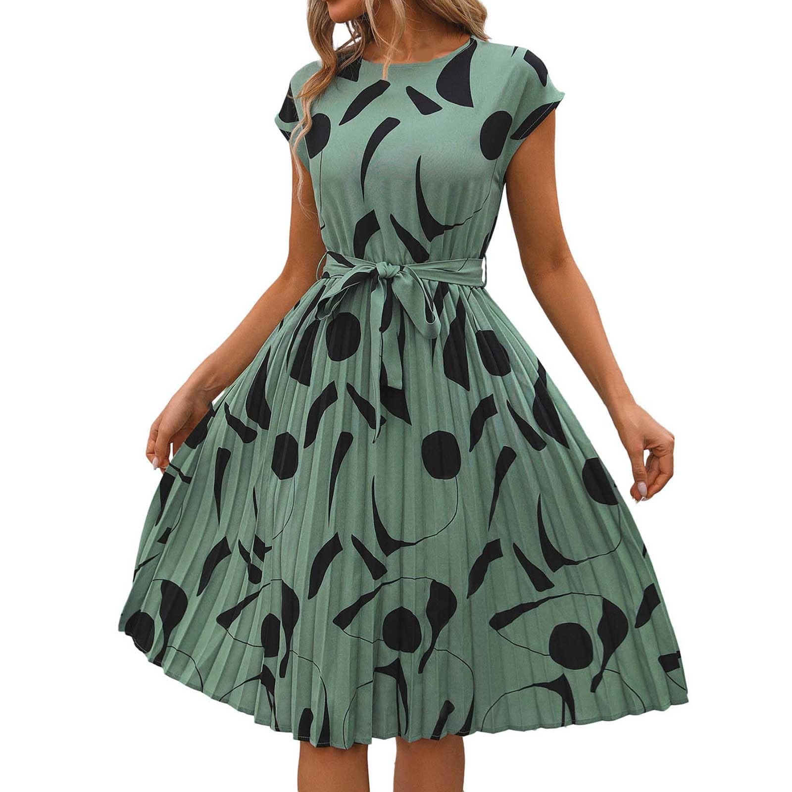 Lässiges Damenkleid Midirock mit Gürtel Blumenmuster A-Linie für Büro Freizeit Urlaub Party Frühling Sommer