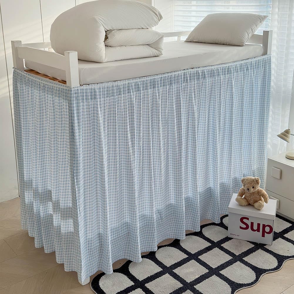 Light Blue Plaid Gingham Ruffled Dorm Bed Skirt Twin XL 36 Inch Drop, Extra Long Wrap Around Elastic Dust Ruffle, Machine Washable Checked Bed Skirt for College Dorm Room