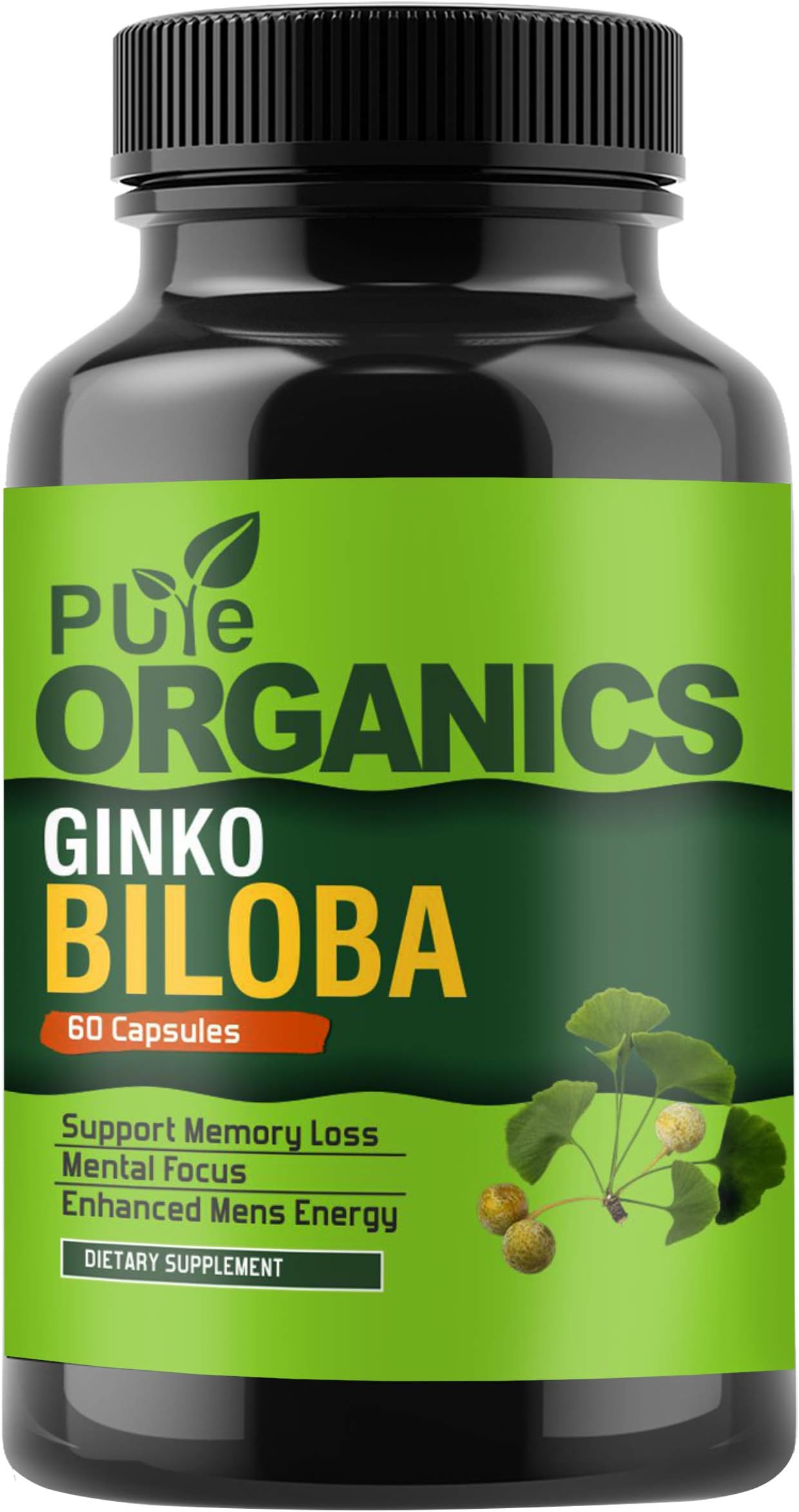Pure Organics Ginkgo Biloba Capsules Herbal Supplement for Supports Brain Function and Mental Alertness, 60 Capsules