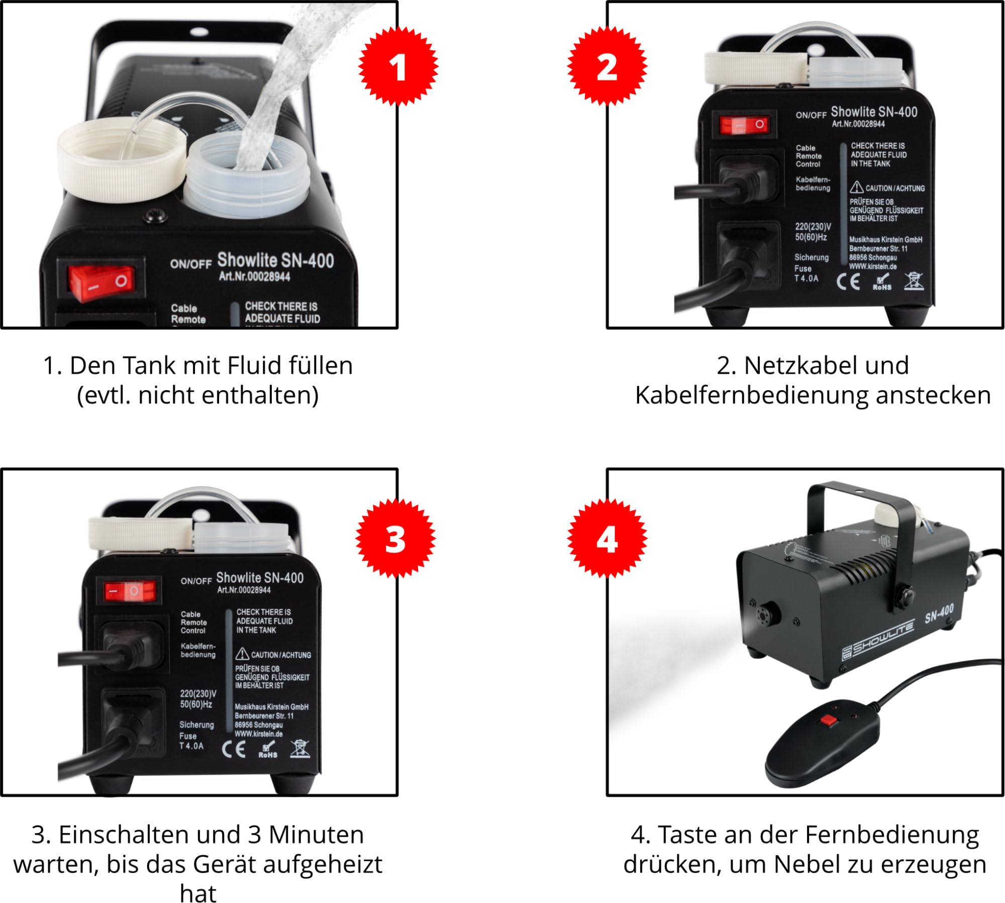 Showlite SN-400 Machine à fumée avec télécommande (seulement 3 minutes de préchauffage) - Effet de brouillard adapté aux discothèques - Compact et peu encombrant avec une puissance de 400 watts