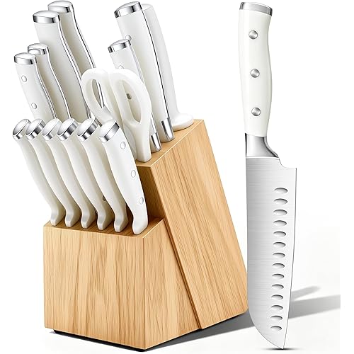 Knife Set, 15 Piece Premium Chef High Carbon Stainless Steel Kitchen Knife Block Set, Razor-sharp, Ergonomic Forged Triple Rivet Handle, Professional Knife Set for Kitchen, Dishwasher Safe(White)