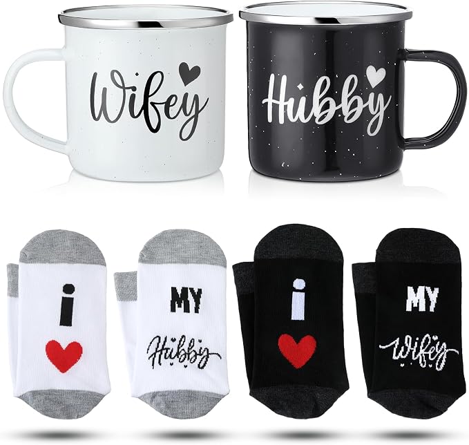 Domensi 4 Pack Hubby and Wifey Gifts Wifey and Hubby Enamel Couples Coffee Mugs Couples Socks for Bride Engagement Groom Wedding Gifts