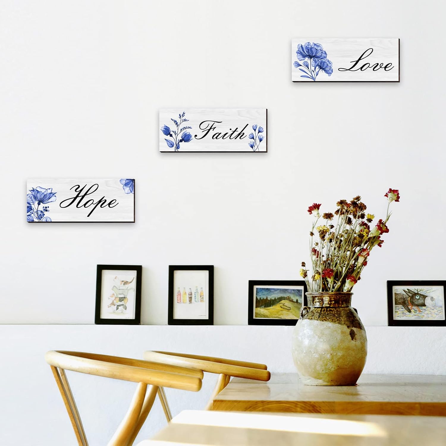 3 Pcs Wall Hanging Art Decors Faith Hope Love Wooden Elegant Room Wall Plaque Decor with Motivational Quotes Aesthetic Flower for Rustic Farmhouse Bedroom Living Room Bathroom Office (Blue) : Home & Kitchen