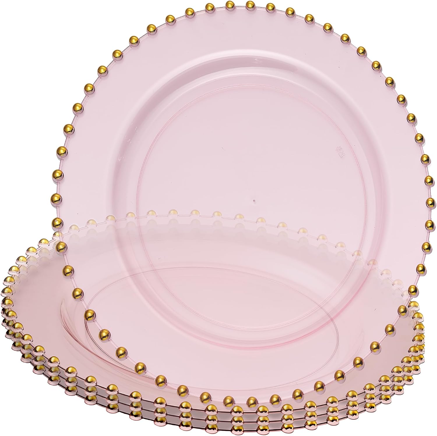 PLASTICPRO Translucent Pink with Gold Rim Plastic Charger Plates with Beaded Edge – Pack of 4 – 13" Elegant Round Disposable Chargers for Weddings, Events, Parties, and Dinners
