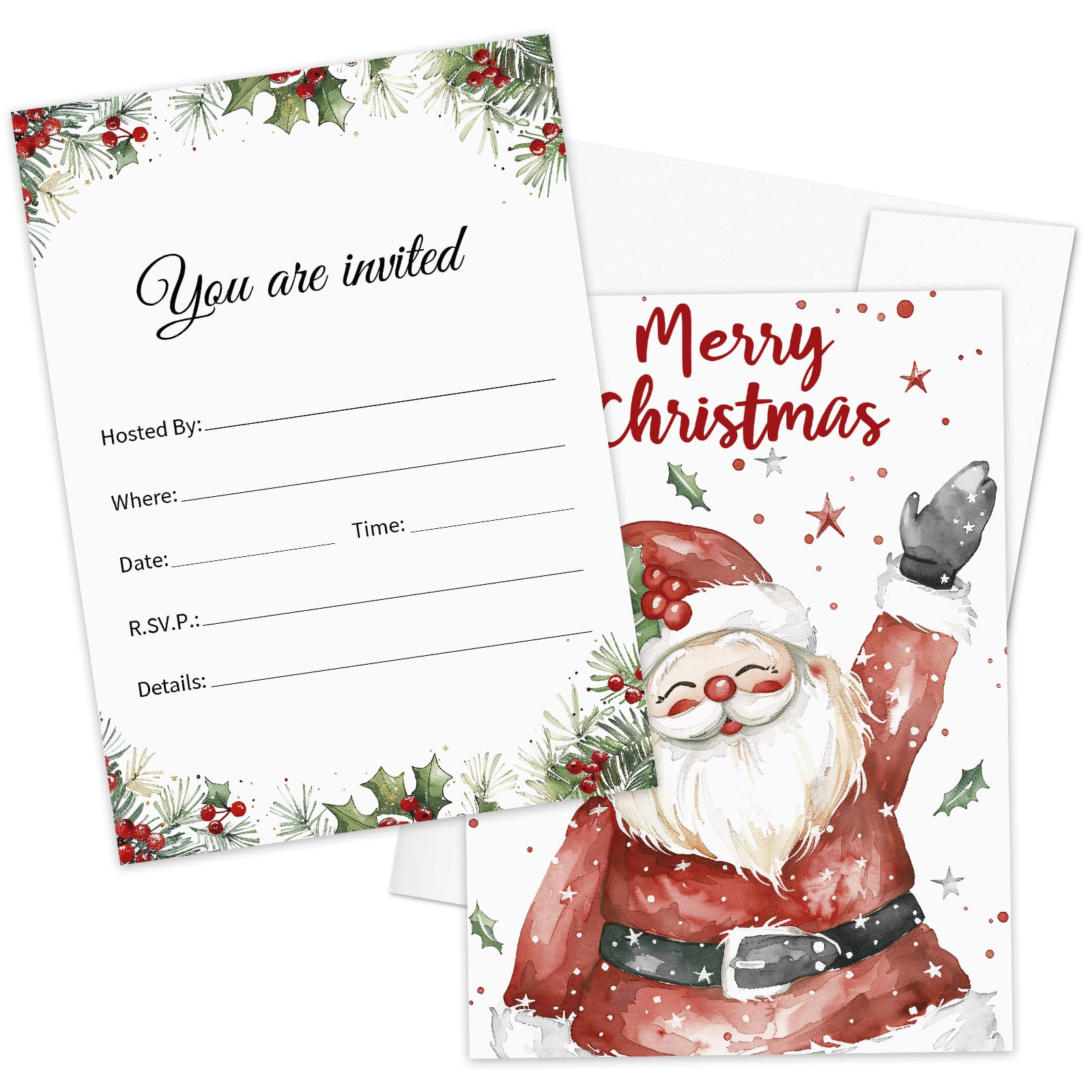 25-Pack Christmas Party Invitation Cards Kit – Red Santa Claus Holiday Invitations with White Envelopes, Rustic Xmas Designs for Winter Celebrations and New Year Parties