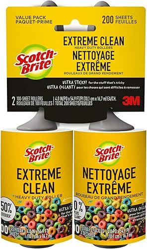 Scotch-Brite Rodillo de pelusa Extreme Clean, 50 % adhesivo, funciona muy bien en pelo de mascotas, 100 hojas