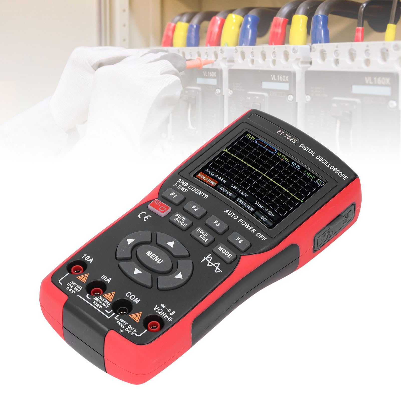 Single Channel Oscilloscope, 10M Transfer Bandwidth, 9999 Counts, Portable Handheld Digital Oscilloscope and Multimeter with Color Screen, Waveform Measurement for Electronics
