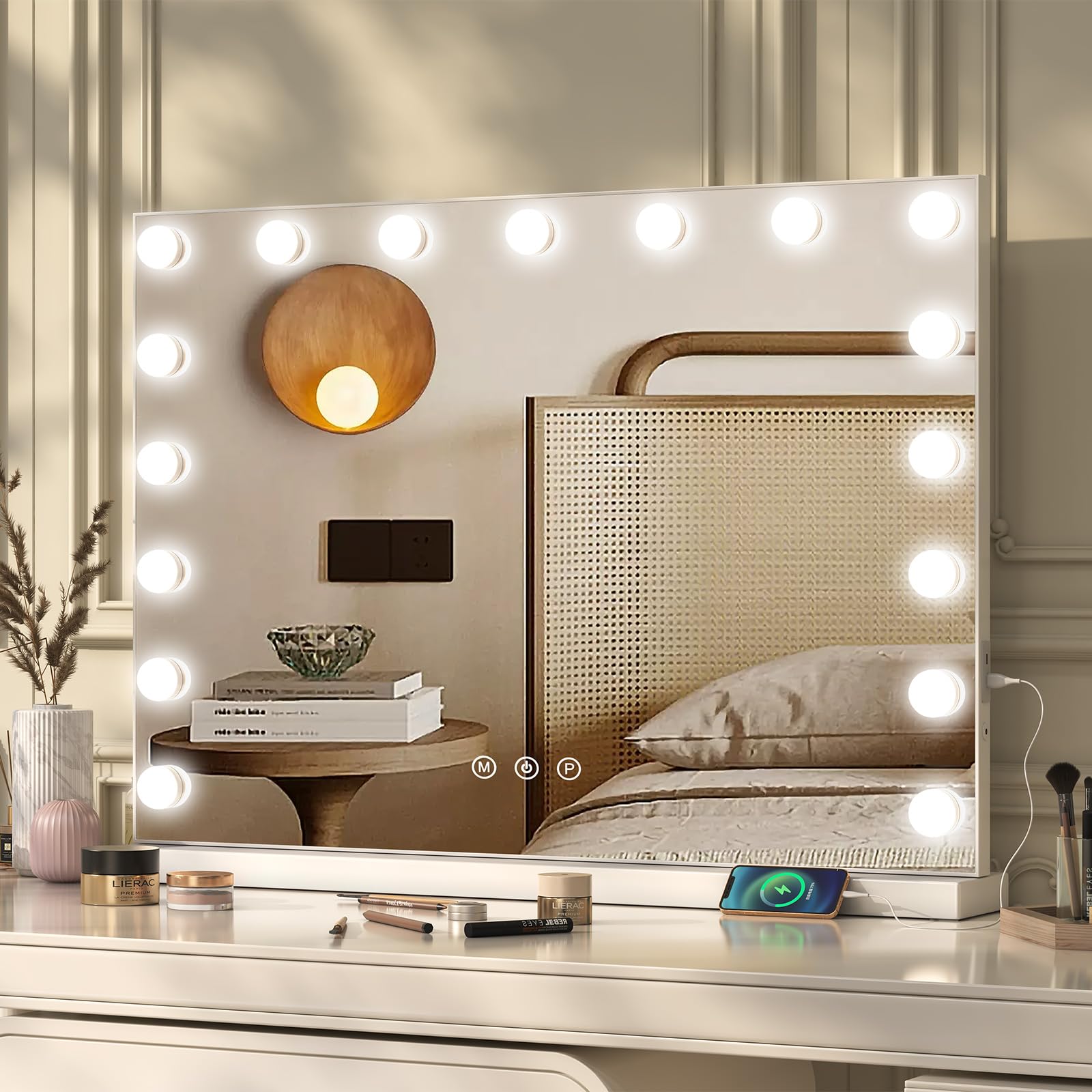 Ereousa Hollywood Mirror, 70x55cm Vanity Mirror with Personalized Lighting Perfection, Sturdy Hollywood Vanity Mirror for Bedroom, Touch-screen Control Makeup Mirror with 2 Mounting Options (White)