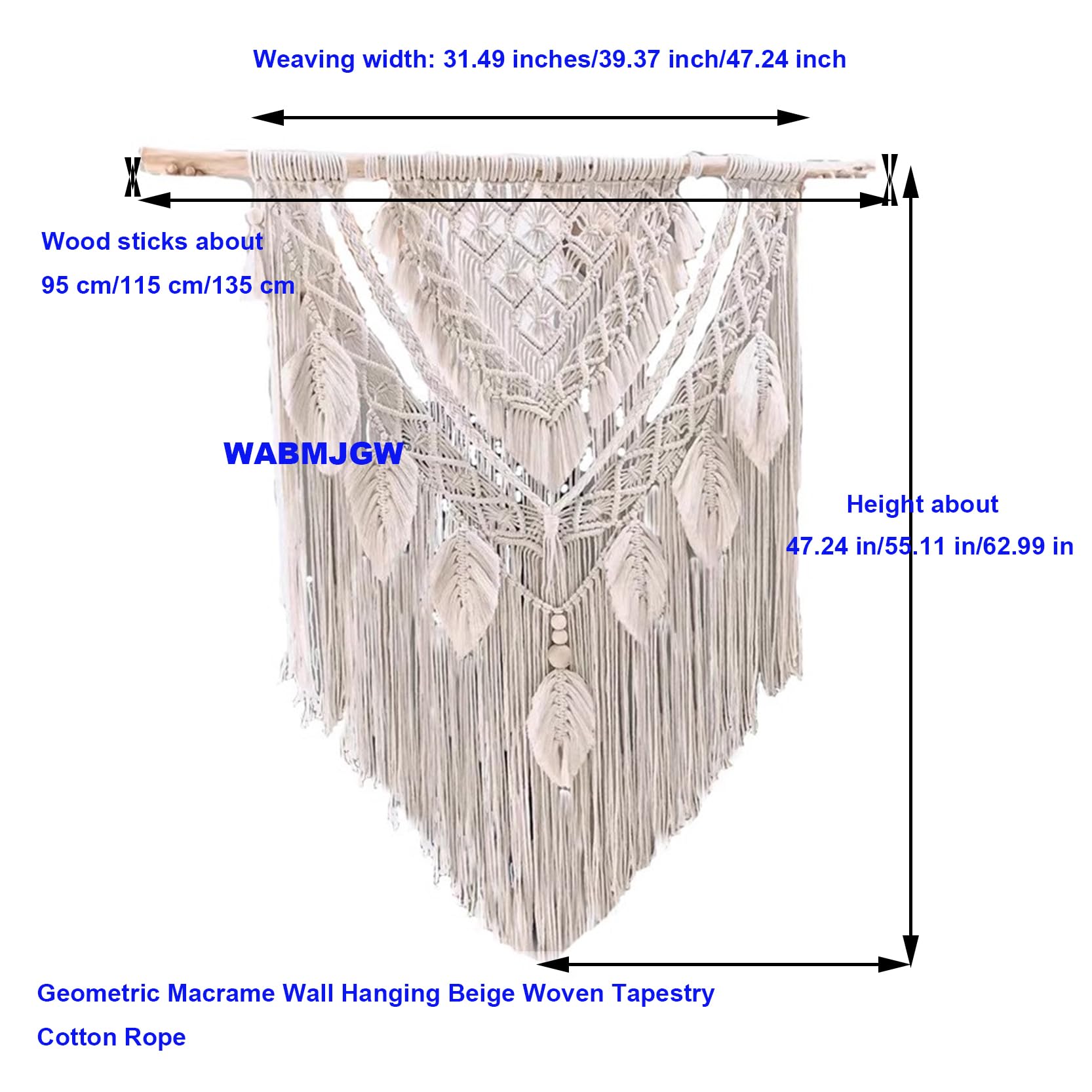 Tapiz de Pared de macramé con borlas y Hojas Tejidas, decoración de Pared Estilo Bohemio Chic, 100% Hecho a Mano, con Cuerda de algodón y Hojas y Plumas,Beige-100 x 140 cm