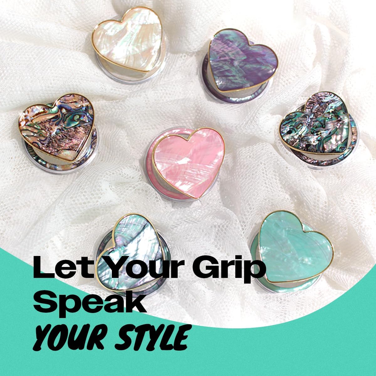 OnTheGrip Cute Natural Seashell Design Heart Shape Collapsible Mobile Phone Grip Stand Holder for Smartphone Tablet Cell Phone Accessory (Black Fresh Water) - Image 3