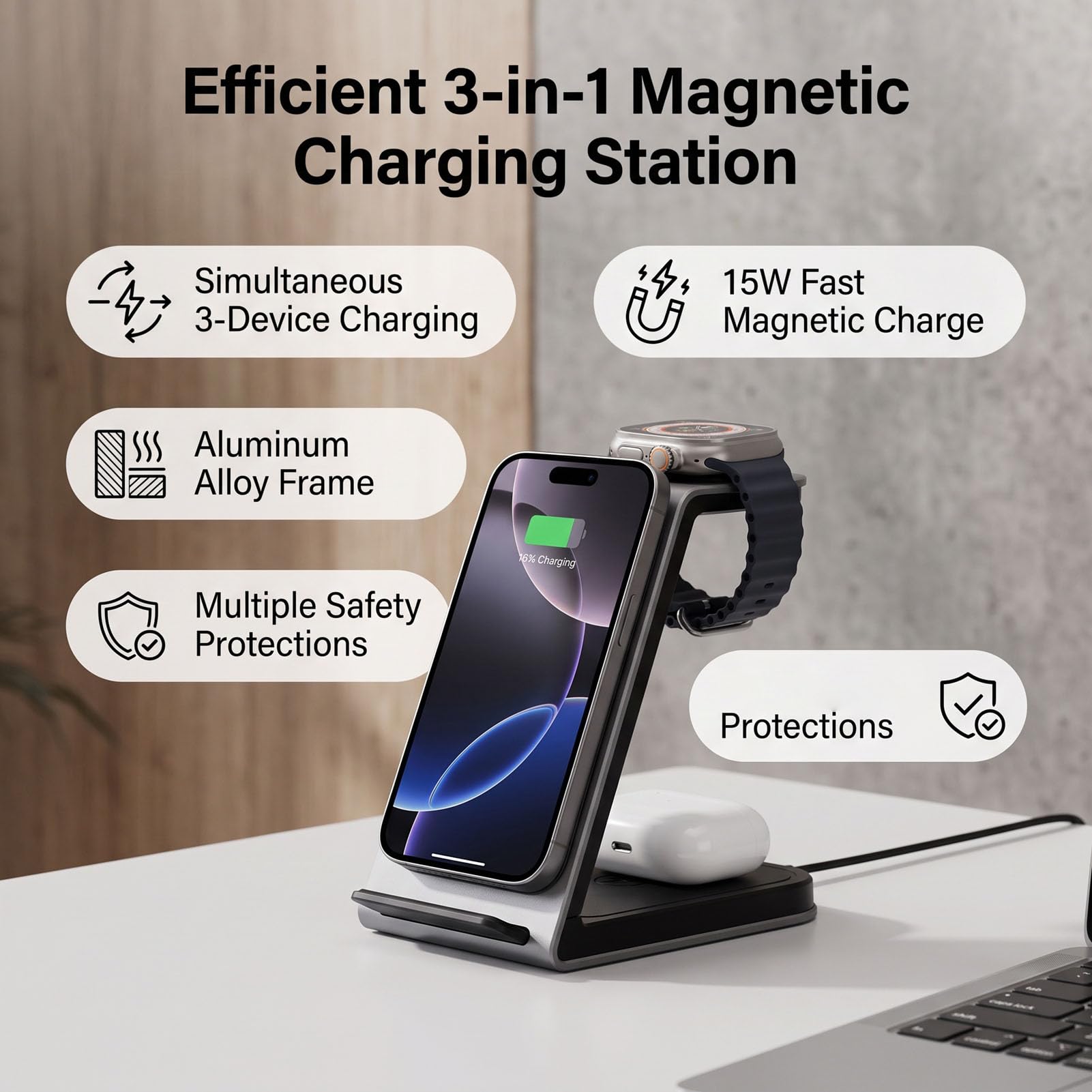 Stazione di Ricarica Wireless Magnetica 3 in 1, Uscita 15W
