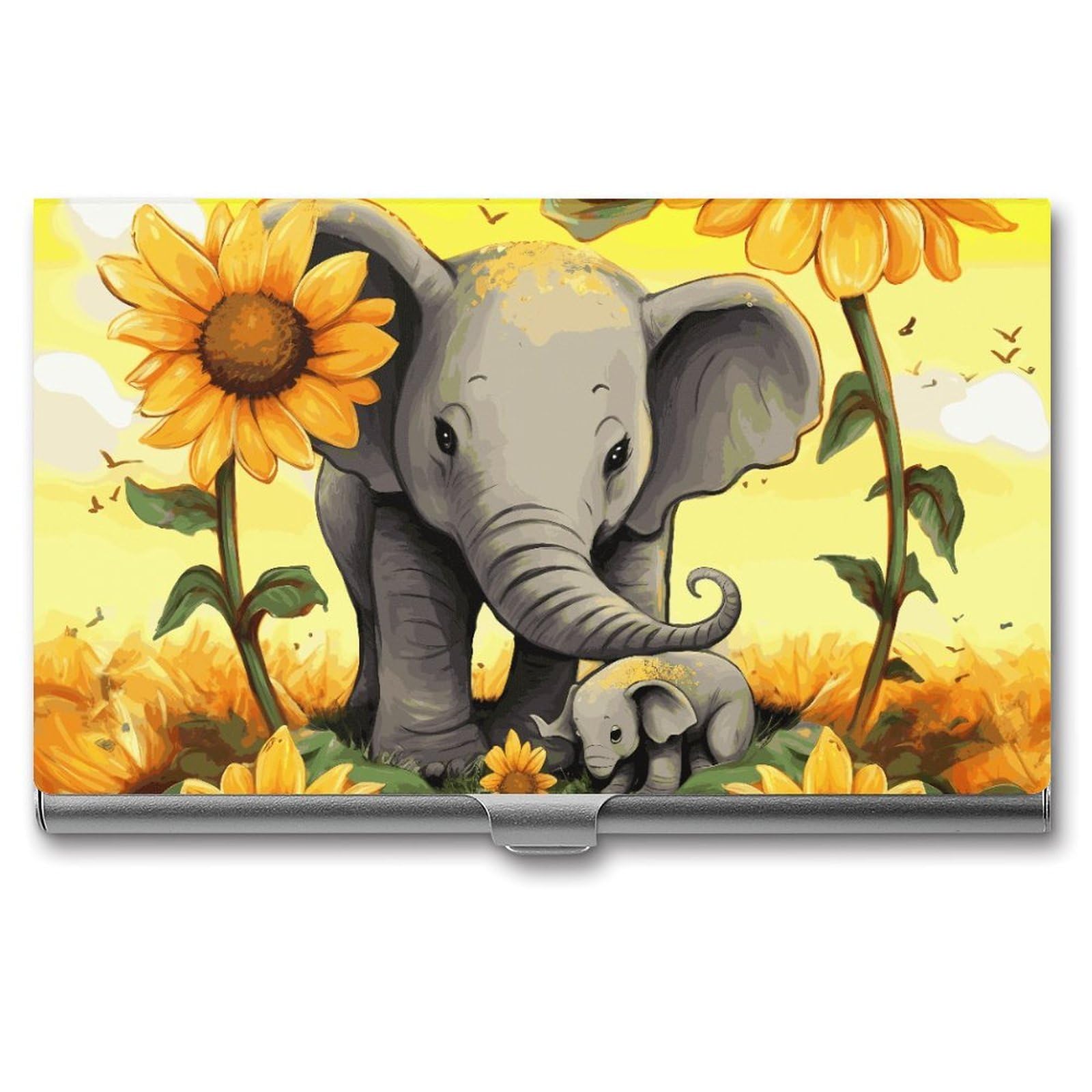 BTCOWZRV Elephant And Sunflowers Business Card Holder Metal Slim Business Card Case, Pocket Card Holder for Men Women Purse Name Card Holder Stainless Steel Wallet Credit ID Case for Office