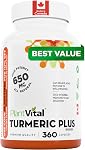 PlantVital Turmeric Curcumin - Fabriqué au Canada - avec poivre noir 1300mg (Taux d'extraits de 4:1 par dose - Anti-inflammatoire & Suppléments Turmériques conjoints de soutien sanitaire - Végétaux & Non-OGM - 120 gélules