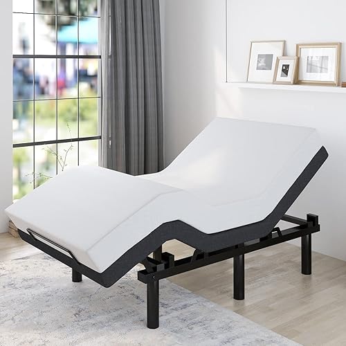 Allewie Adjustable Bed Base Frame / TXL Size Bed Upholstered Frame Head and Foot Incline / Wireless Remote Control Adjustable / Wood Board Support with Upholstered Attached/ (TXL Adjustable Bed Only)