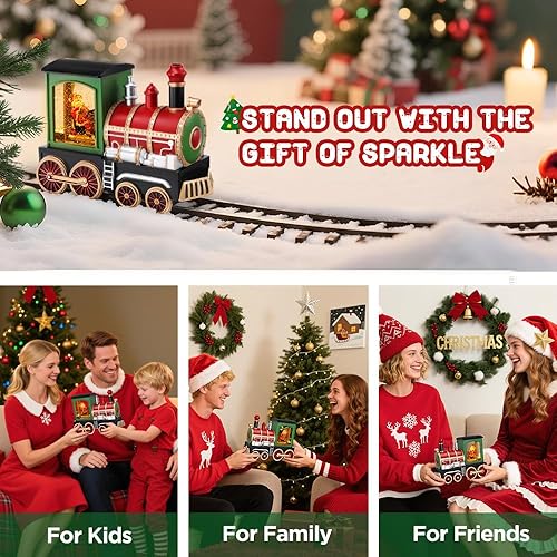 Miniatura 9 de Globo de nieve de tren musical de Navidad con escena de Papá Noel, decoración navideña LED retro con 8 canciones navideñas, lentejuelas mágicas y
