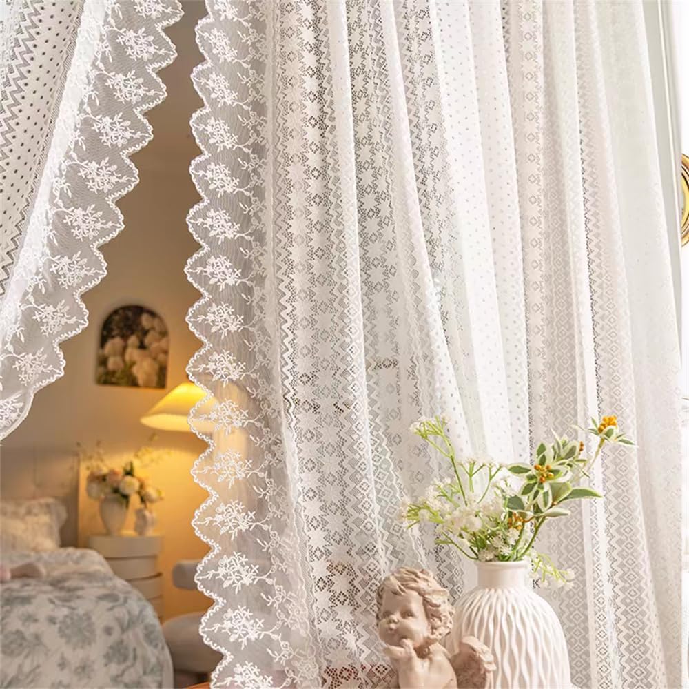 Romantic White Lace Sheer Curtains for Living Room Bedroom Elegant Hollow Floral Lace Light-Filtering Tulle Drapes for Window Rod Pocket Top 2 Panels (W63 L84 inch,White)