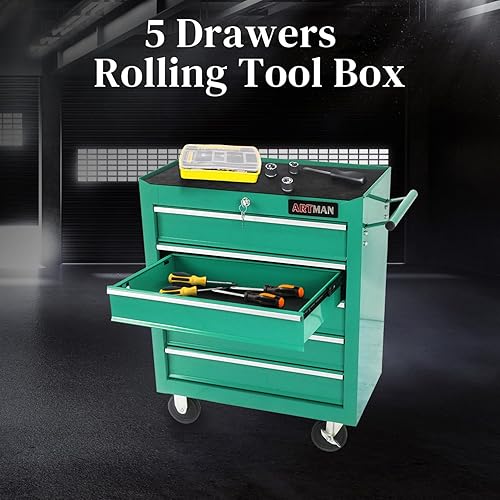 Vista 24 de Caja de herramientas de 5 cajones con ruedas, carrito de herramientas multifuncional para garaje, almacén, taller, taller de reparación (azul)