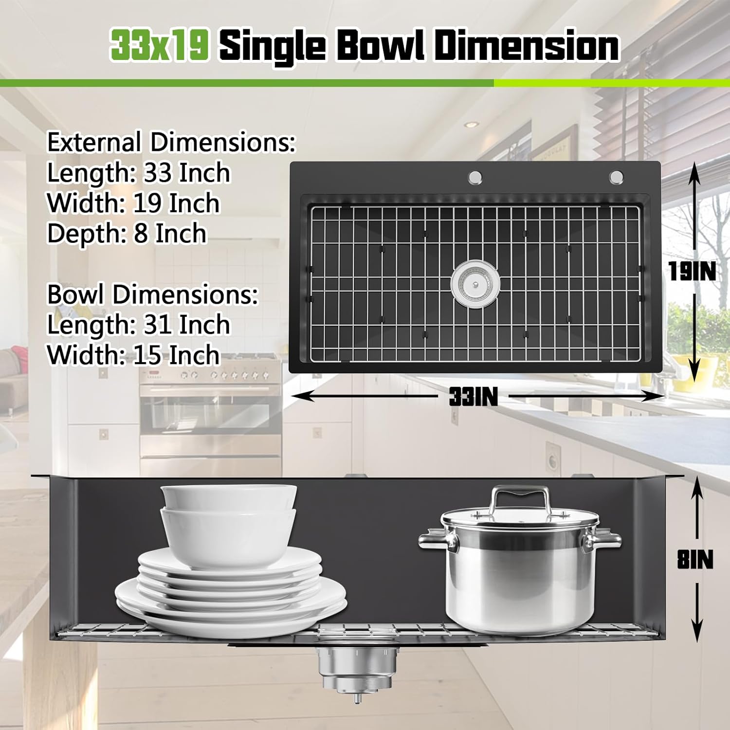 Black Kitchen Sink, 33x19 Inch Stainless Steel Drop In Modern Large Single Bowl Topmount Kitchen Sink Gift Combo-SS Grid,Silicon Mat, Drain Strainer Set Compatibility With Various Kitchen&Bar Styles