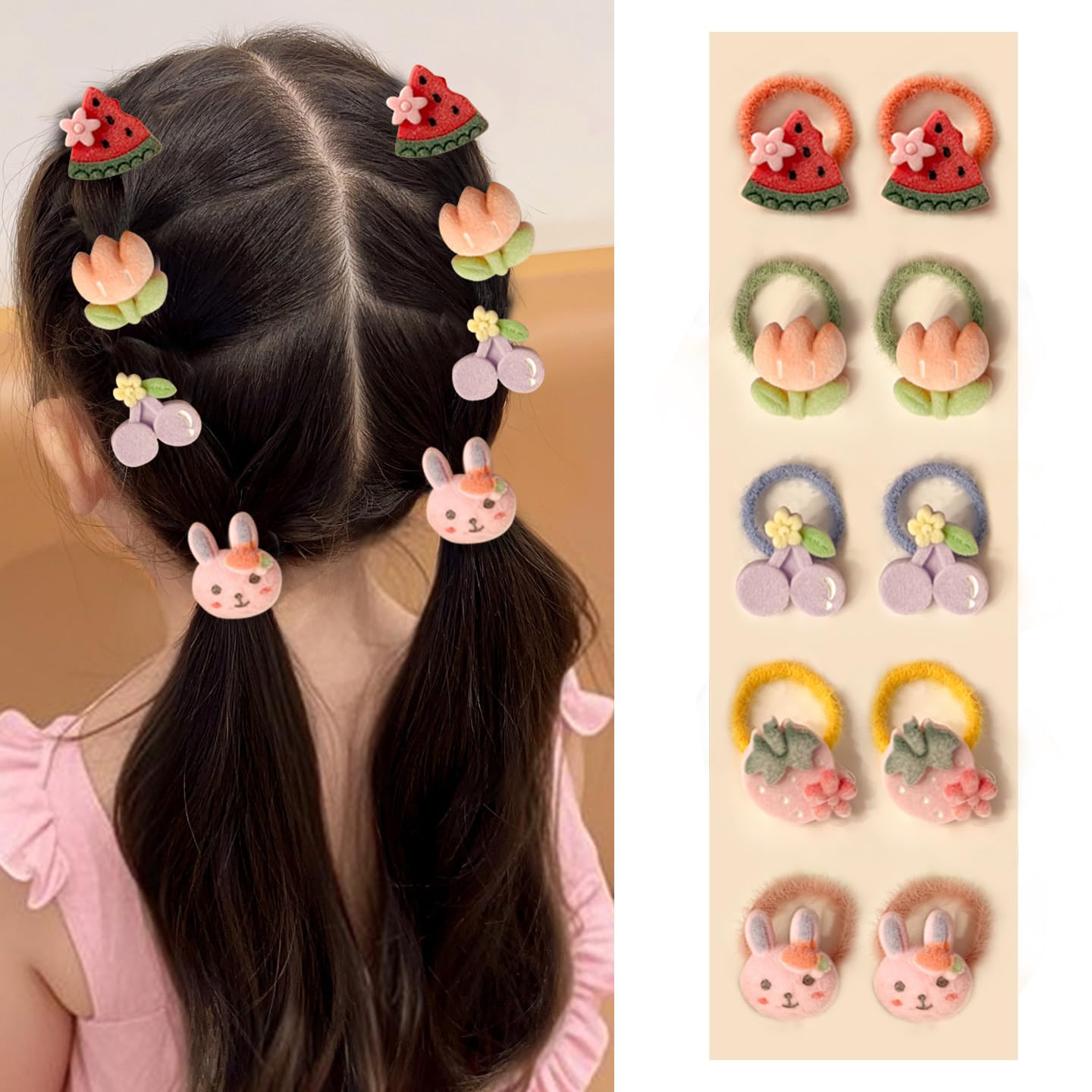 10Pcs Cute Cartoon Hair Ties for Girls Sweet Hair Band Rabbit Flower Watermelon Strawberry Cherry Elastics Rubber Bands Ponytail Holder Cute Hair Accessories for Kids Hair Ropes Holiday Party Favor image 4