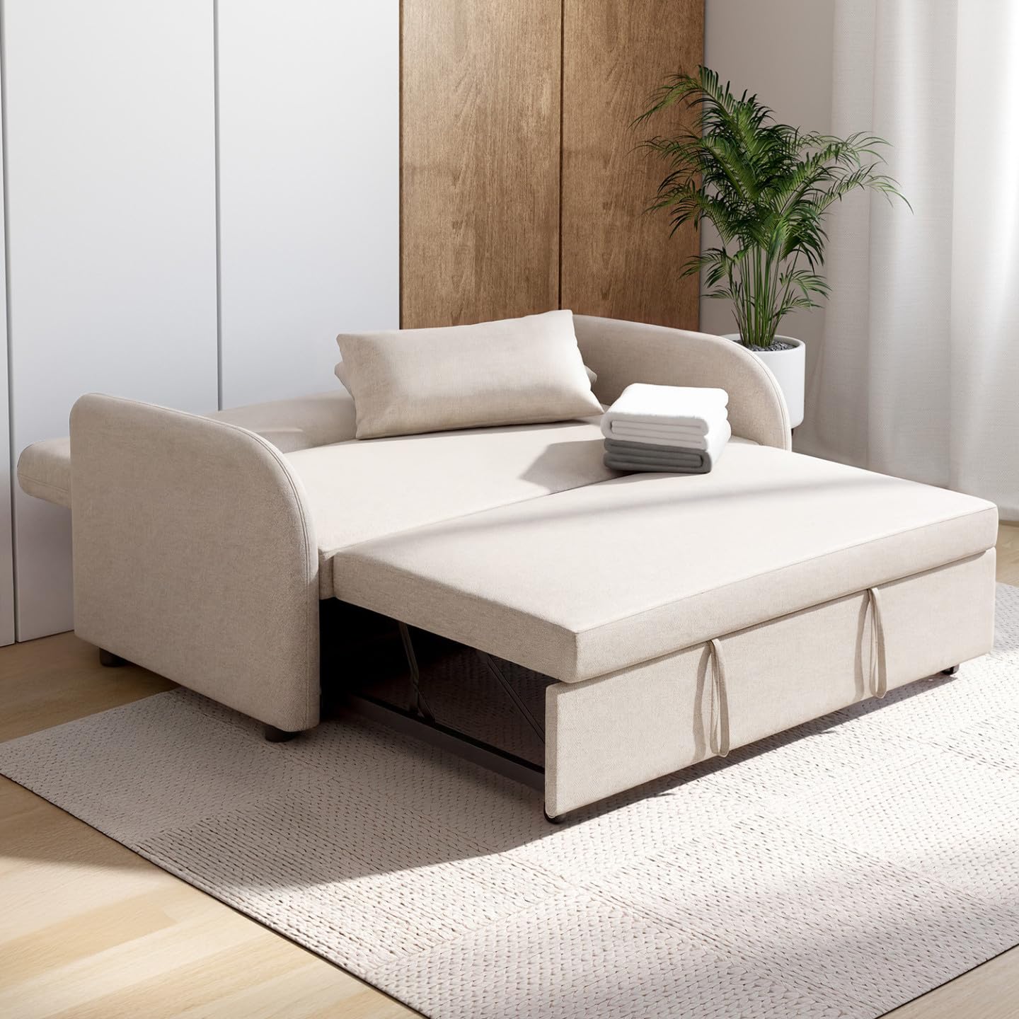 IDMarket - Canapé Droit 2 Places Convertible Noah en Tissu Beige