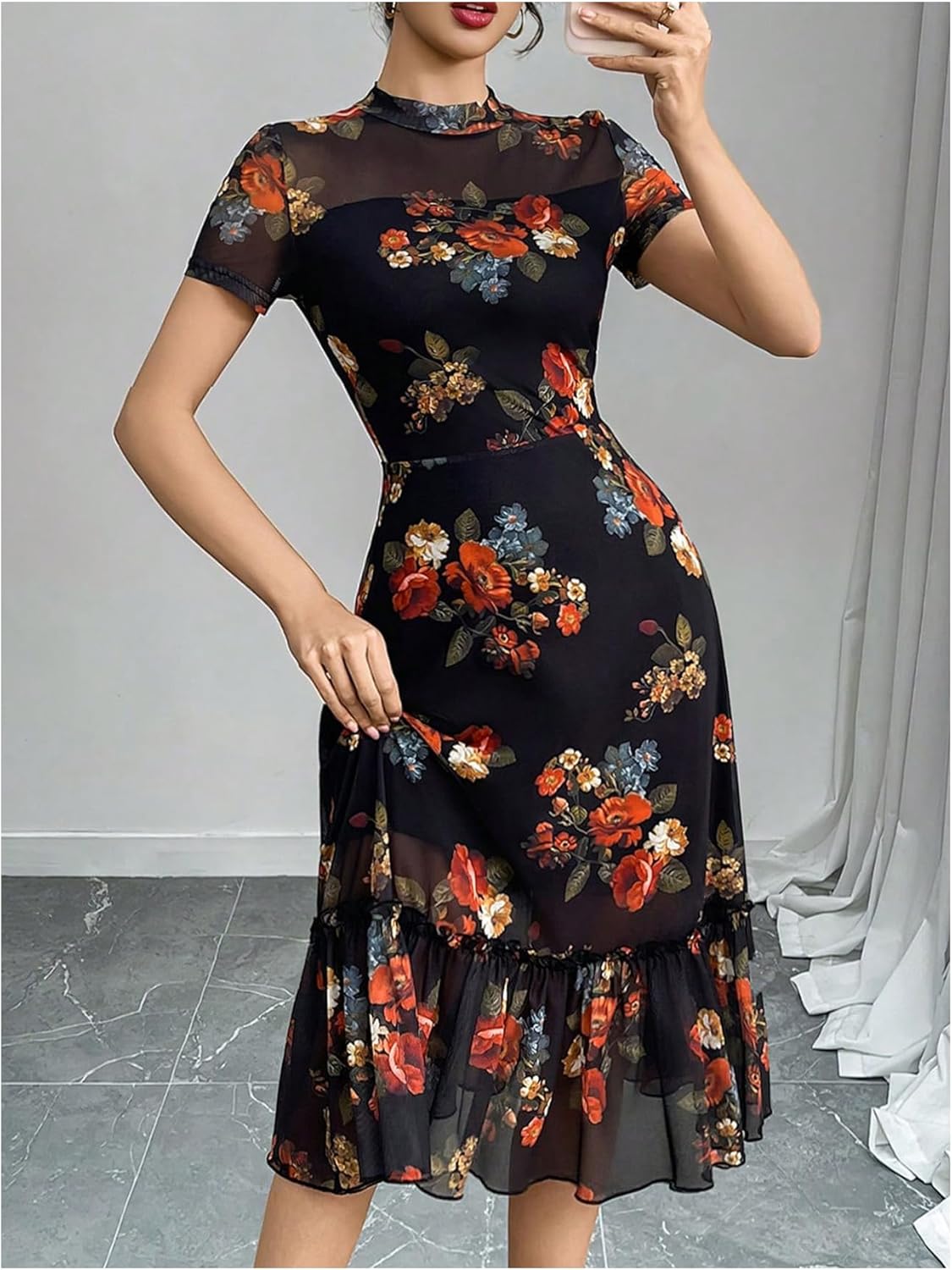 Verdusa Women's Boho Floral Midi Dress Mesh Ruffle Formal Wedding Guest Cocktail Dresses - Image 3