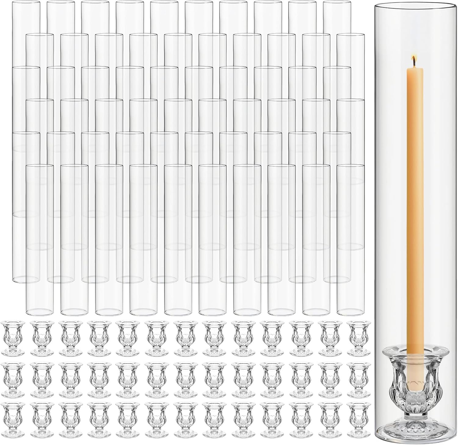 Teenyyou 60 Set Glass Hurricane Candle Holders 11.8" Open Ended Glass Candleholder Tube Shape Bottomless and 1.9" Taper Clear Candlestick Holders for Wedding Party Table Centerpiece